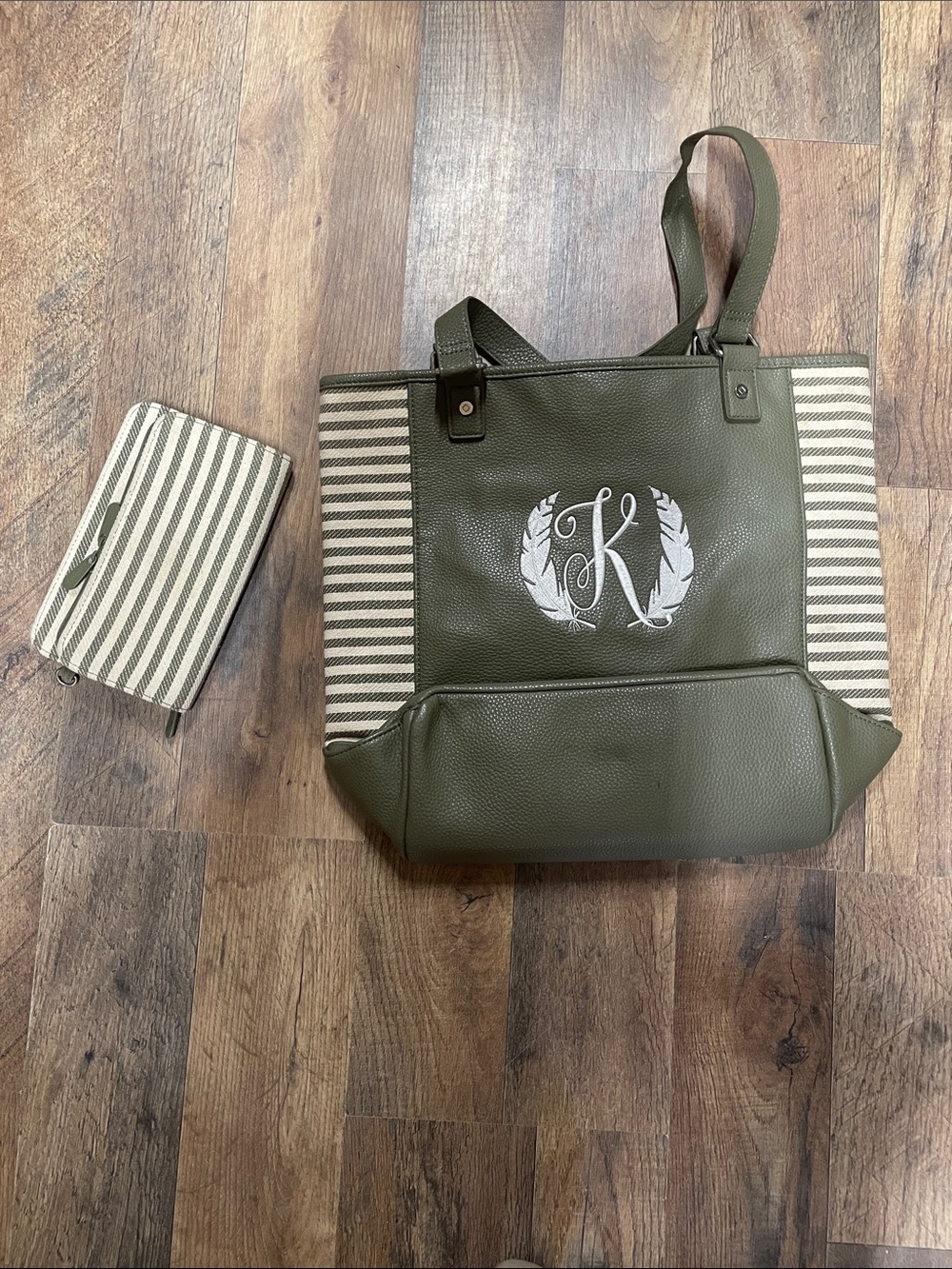 thirty-one Olive Green Tote with Cream Stripes and Monogram